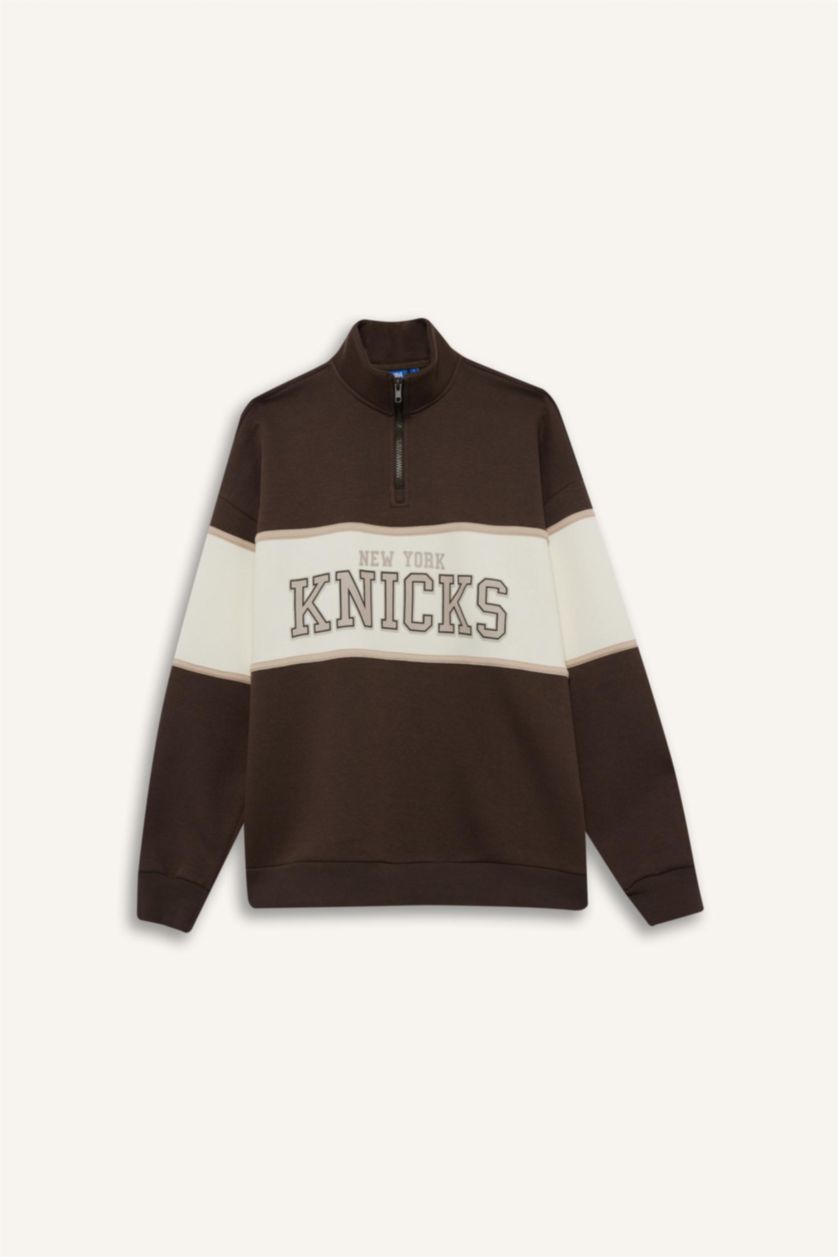 Kadın Kahve Aırtech NBA New York Knicks Oversize Geniş Kalıp Yarım Fermuarlı Sporcu Sweatshirt