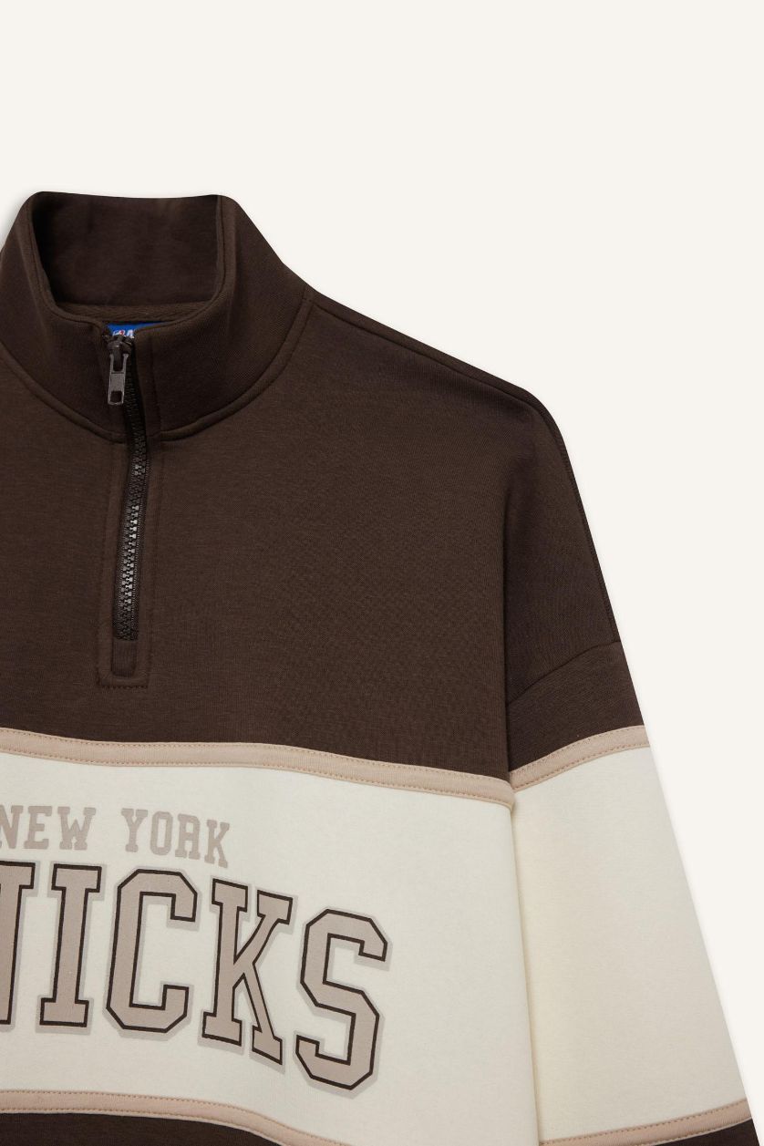 Kadın Kahve Aırtech NBA New York Knicks Oversize Geniş Kalıp Yarım Fermuarlı Sporcu Sweatshirt