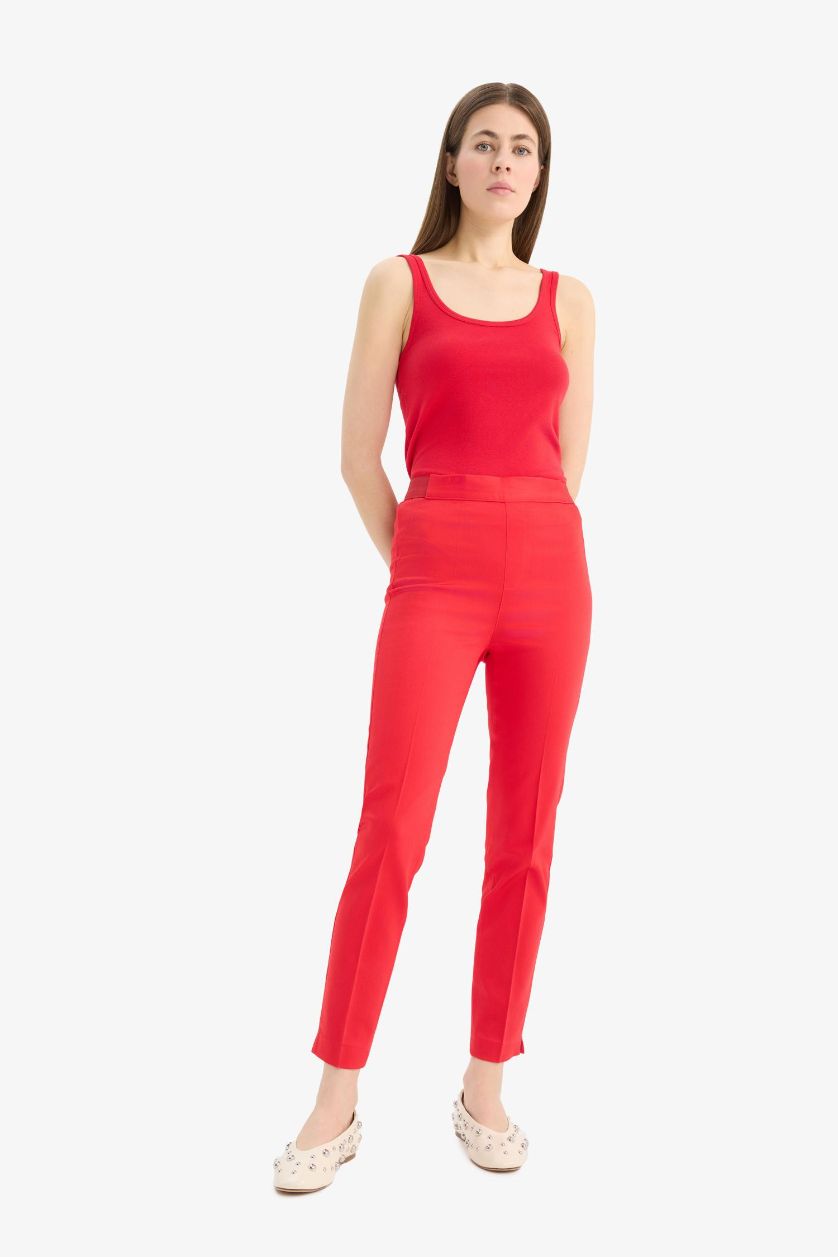 WOMAN Red Cigarette Fit Regular Hem Satin Trousers