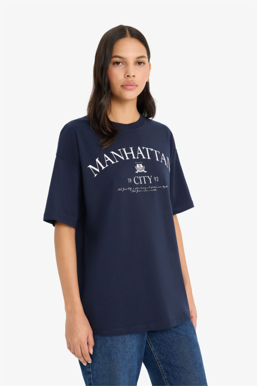 Женщины Синий Футболка оверсайз с круглым вырезом принтом и коротким рукавом