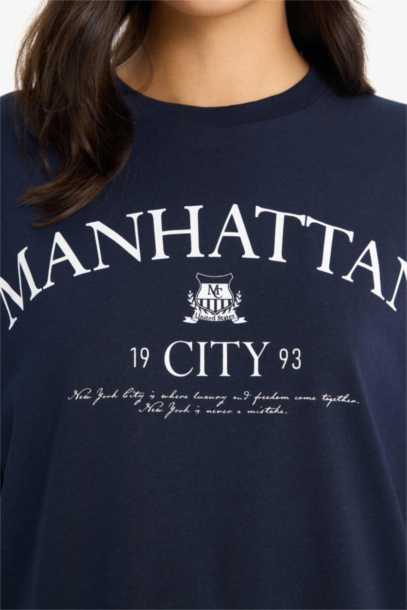 Женщины Синий Футболка оверсайз с круглым вырезом принтом и коротким рукавом