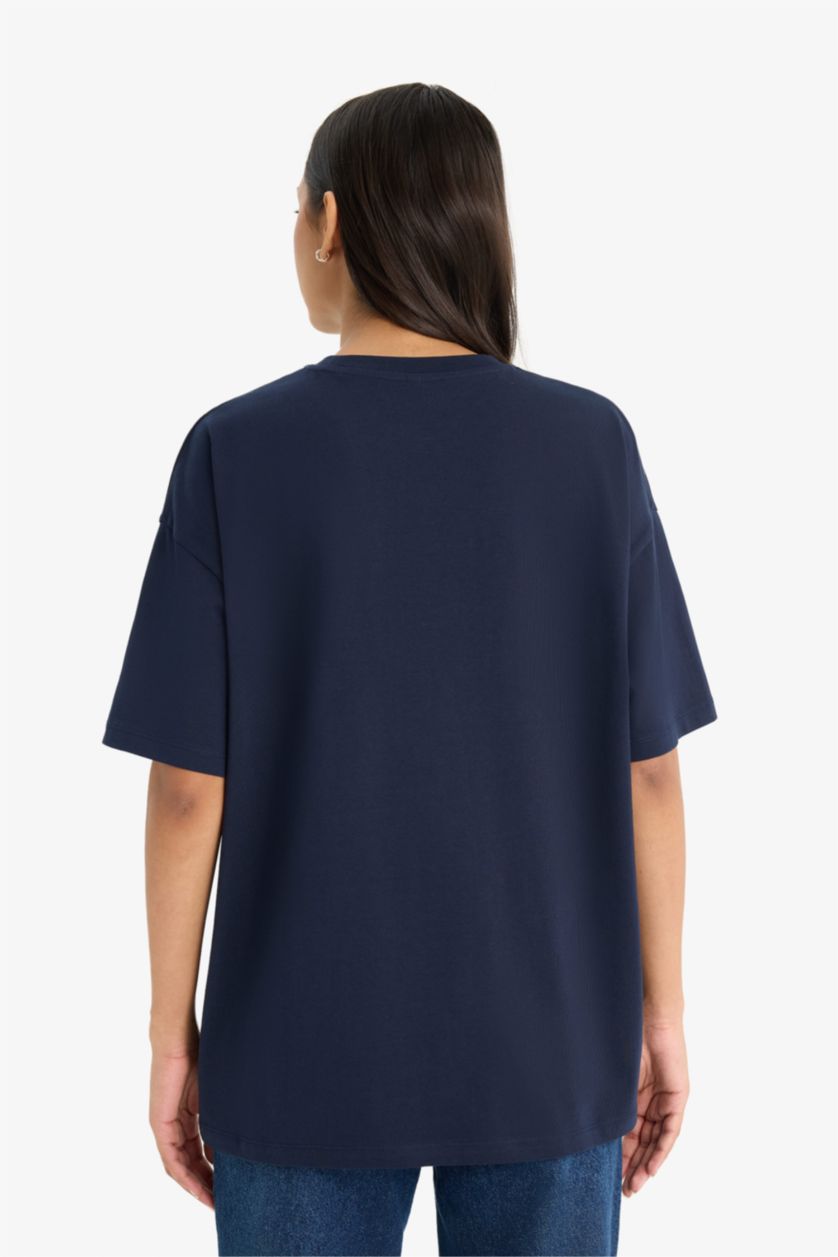 Женщины Синий Футболка оверсайз с круглым вырезом принтом и коротким рукавом