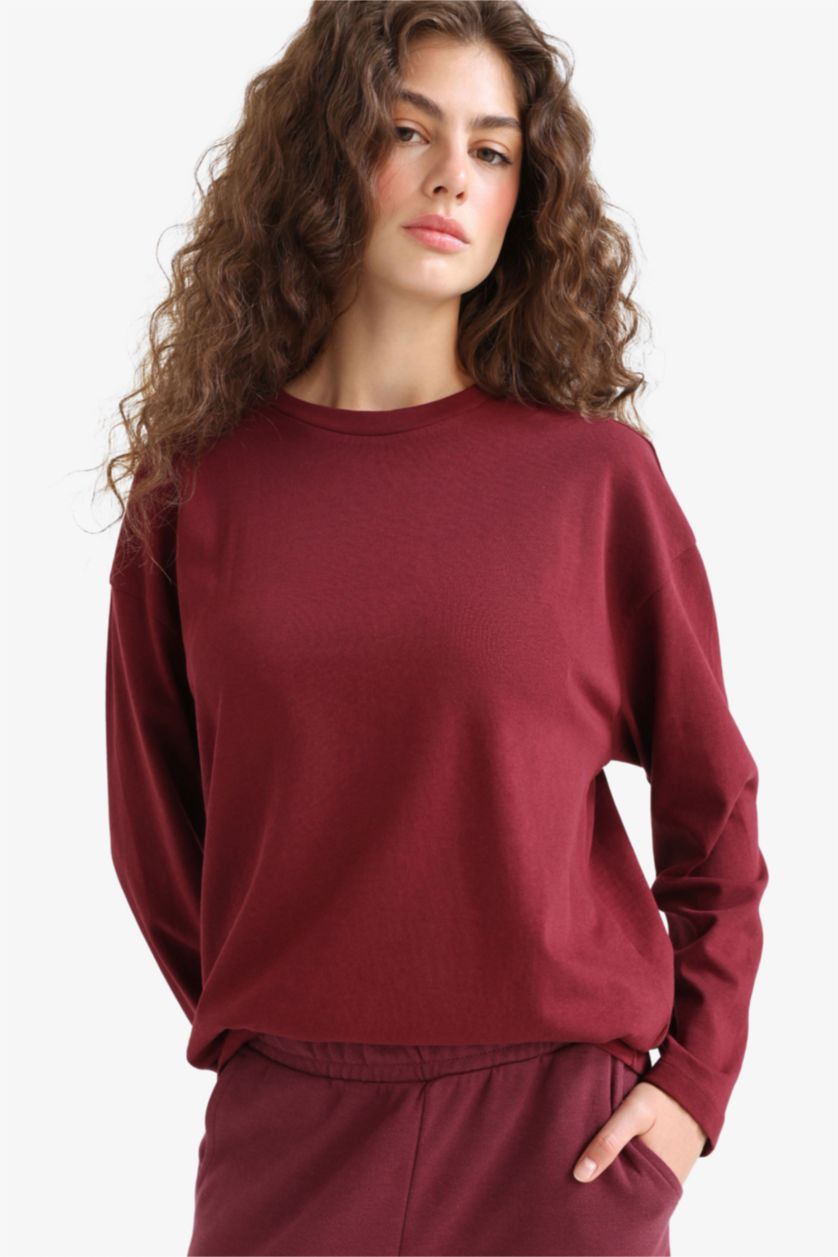 Женщины Бордовый Свободная футболка Loose Fit с круглым вырезом и длинным рукавом