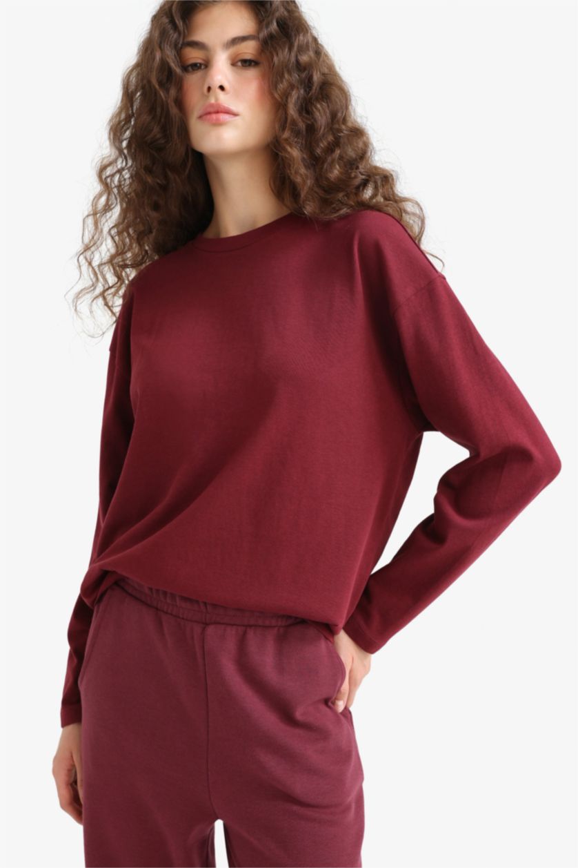 Женщины Бордовый Свободная футболка Loose Fit с круглым вырезом и длинным рукавом