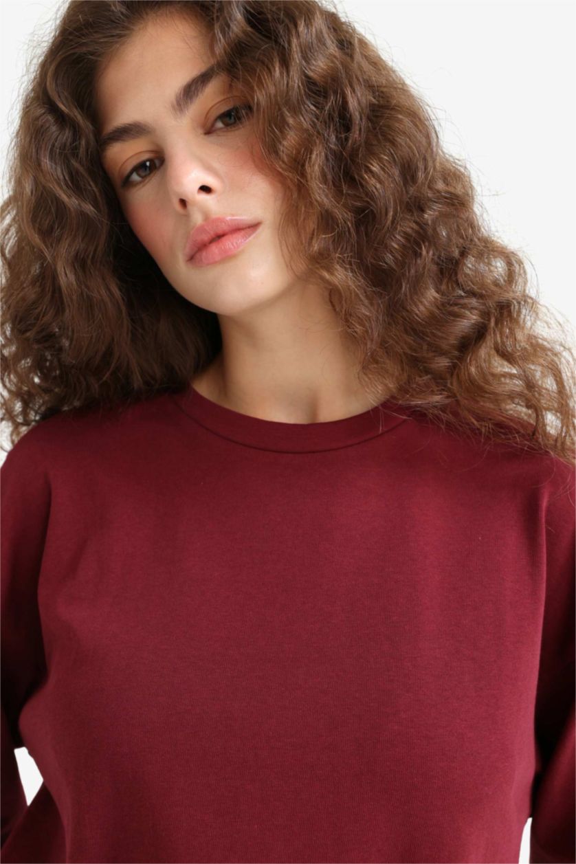Женщины Бордовый Свободная футболка Loose Fit с круглым вырезом и длинным рукавом