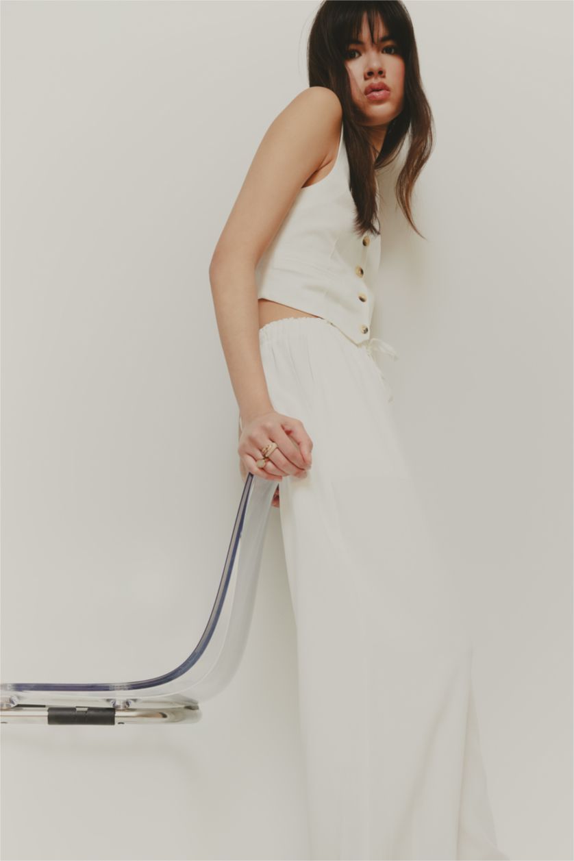 Kadın Kırık Beyaz V Yaka Keten Karışımlı Beyaz Blazer Yelek