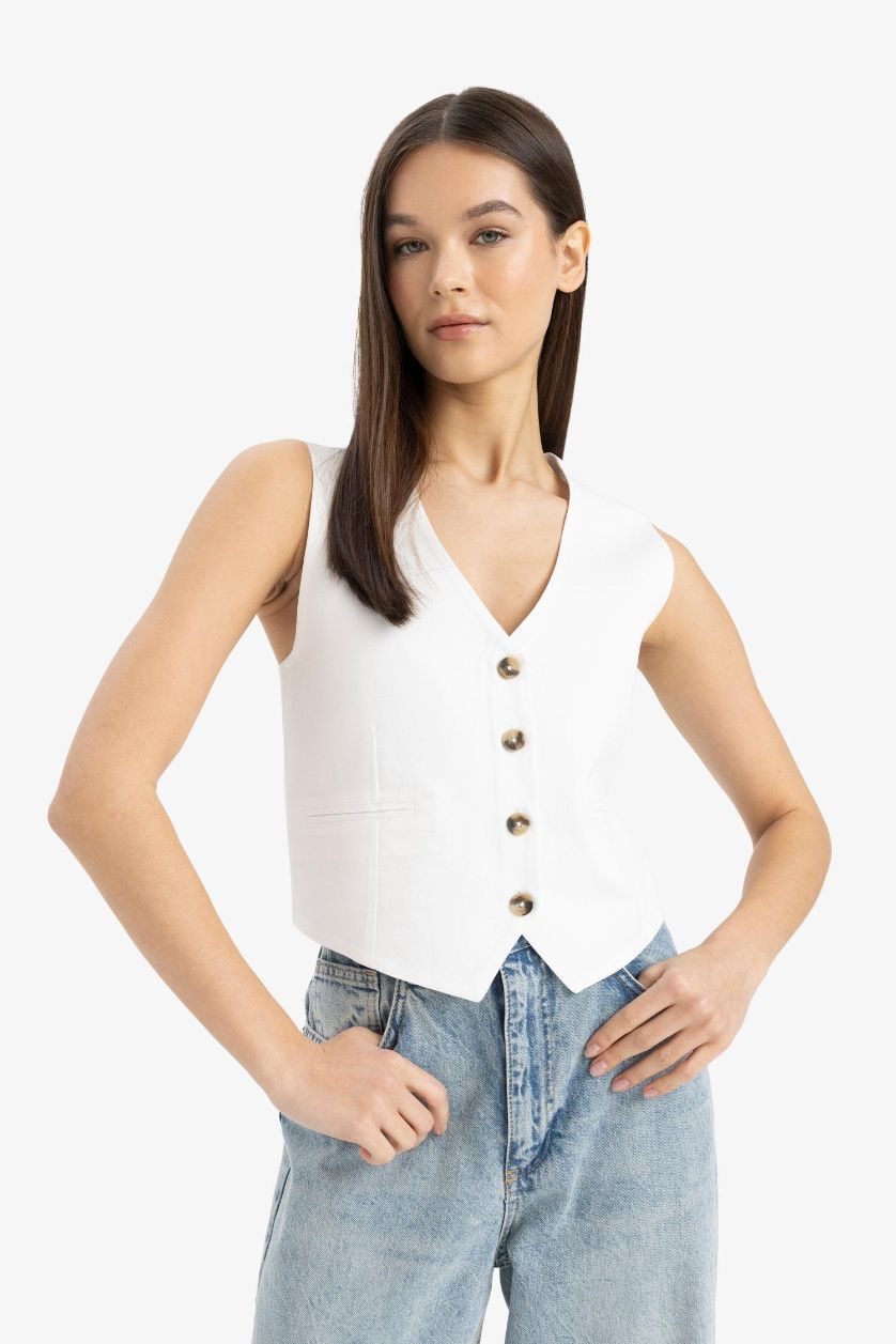 Kadın Kırık Beyaz V Yaka Keten Karışımlı Beyaz Blazer Yelek