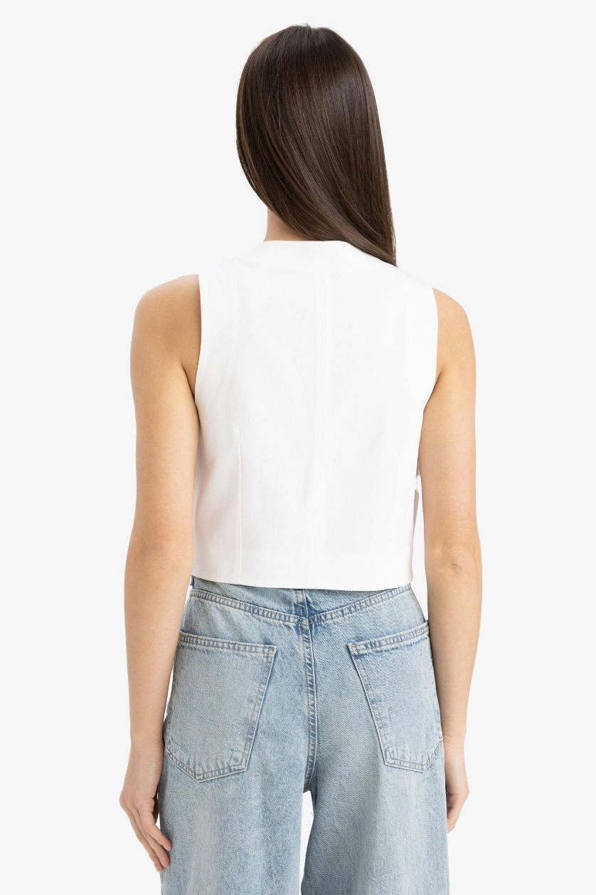 Kadın Kırık Beyaz V Yaka Keten Karışımlı Beyaz Blazer Yelek