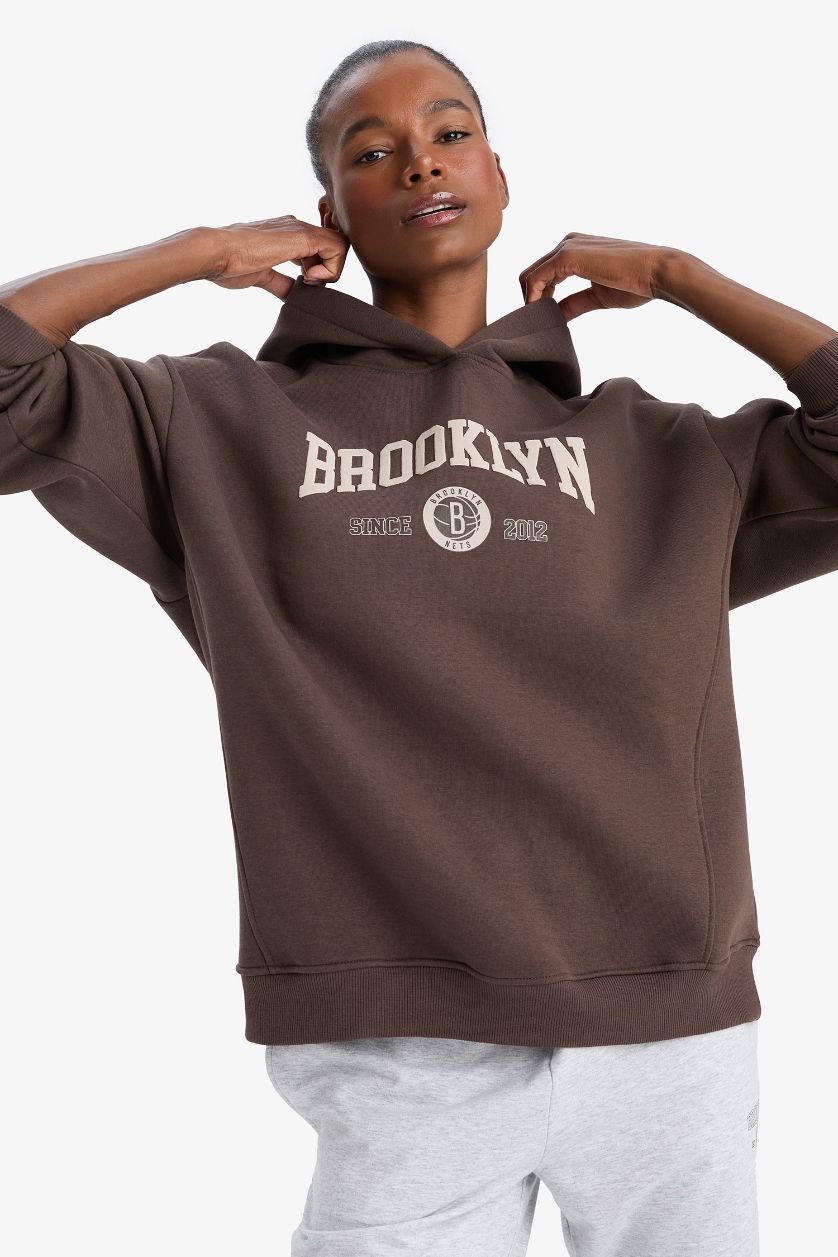 Kadın Kahve Aırtech NBA Brooklyn Nets Oversize Geniş Kalıp Kapüşonlu Sporcu Sweatshirt