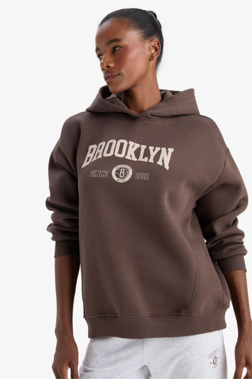 Kadın Kahve Aırtech NBA Brooklyn Nets Oversize Geniş Kalıp Kapüşonlu Sporcu Sweatshirt