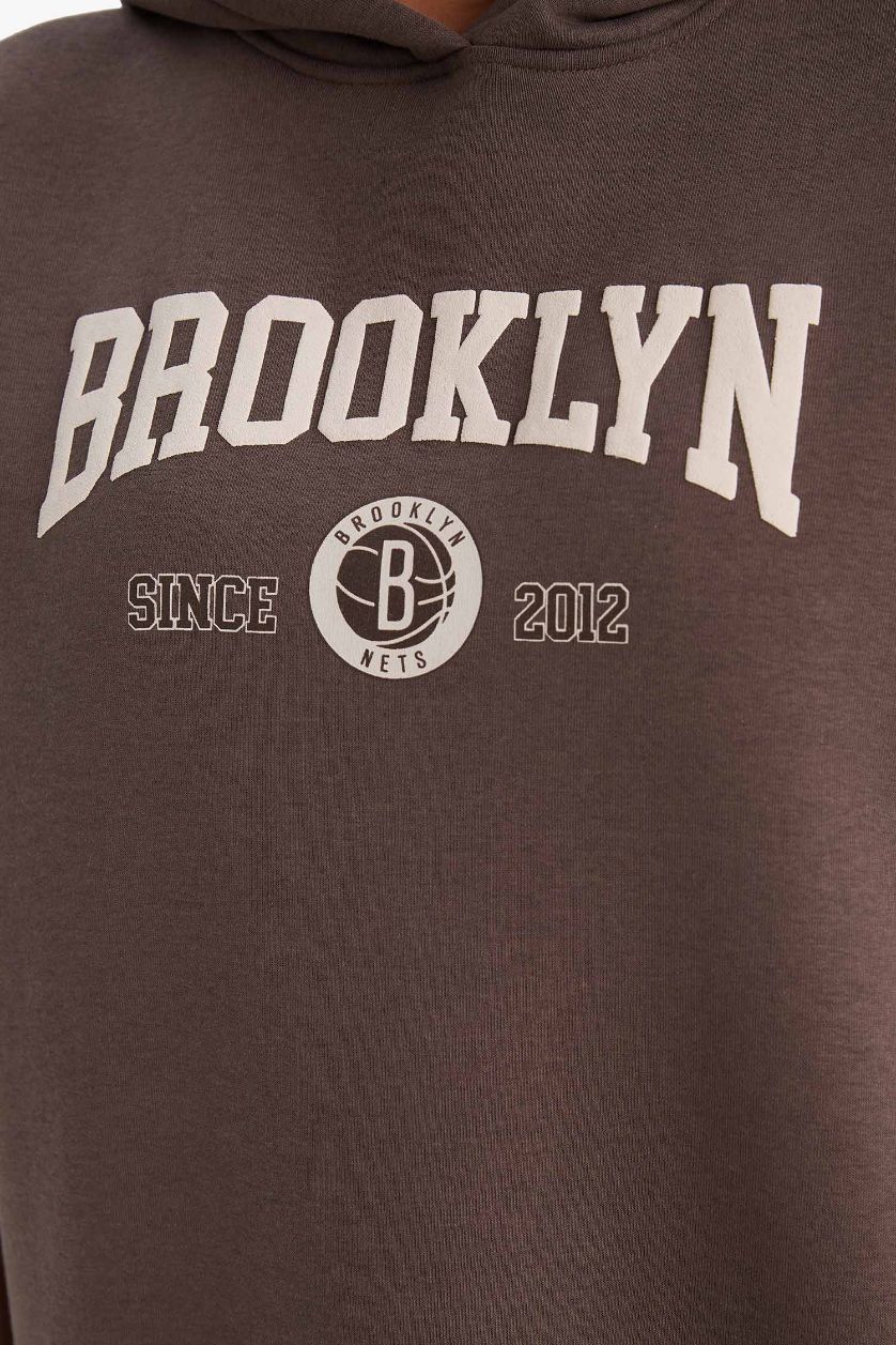 Kadın Kahve Aırtech NBA Brooklyn Nets Oversize Geniş Kalıp Kapüşonlu Sporcu Sweatshirt