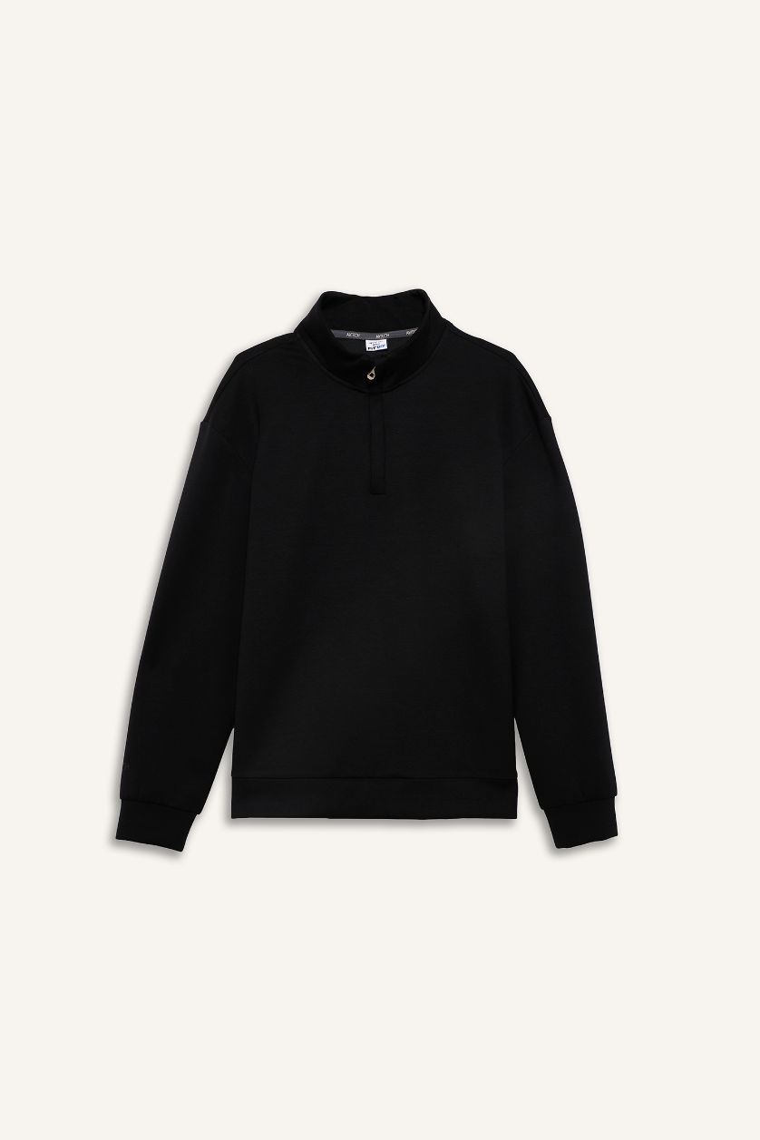 Man Black Standard Fit Stand Collar Modal Sports Sweatshirt