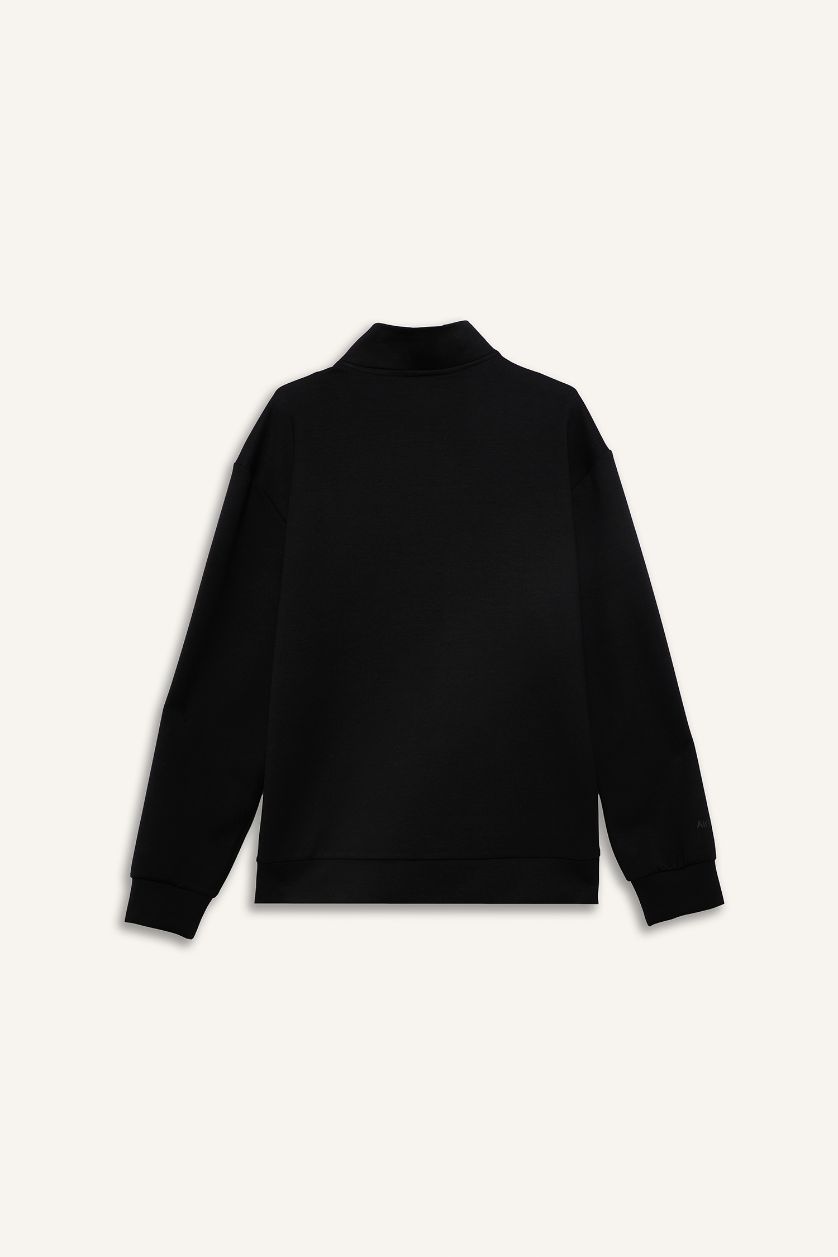 Man Black Standard Fit Stand Collar Modal Sports Sweatshirt