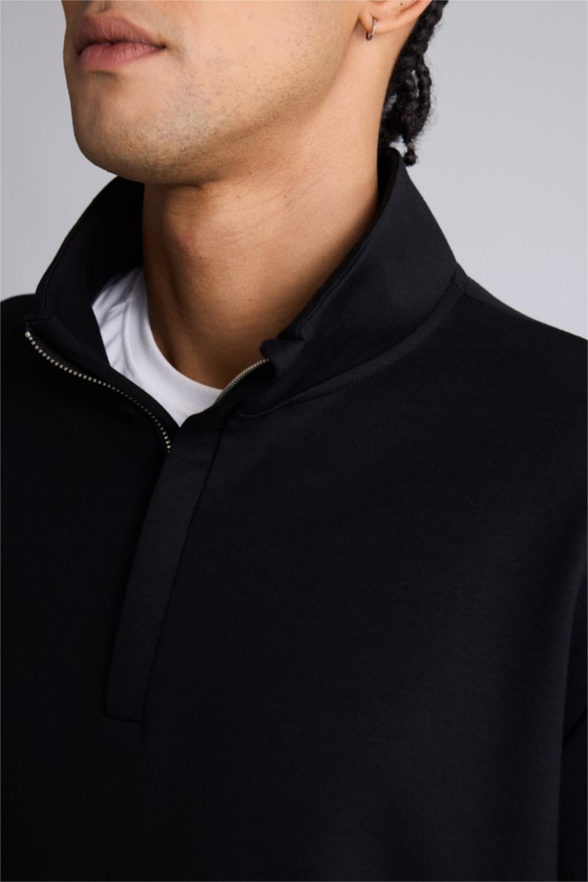 Erkek Siyah Standart Fıt Dik Yaka Modal Sporcu Sweatshirt