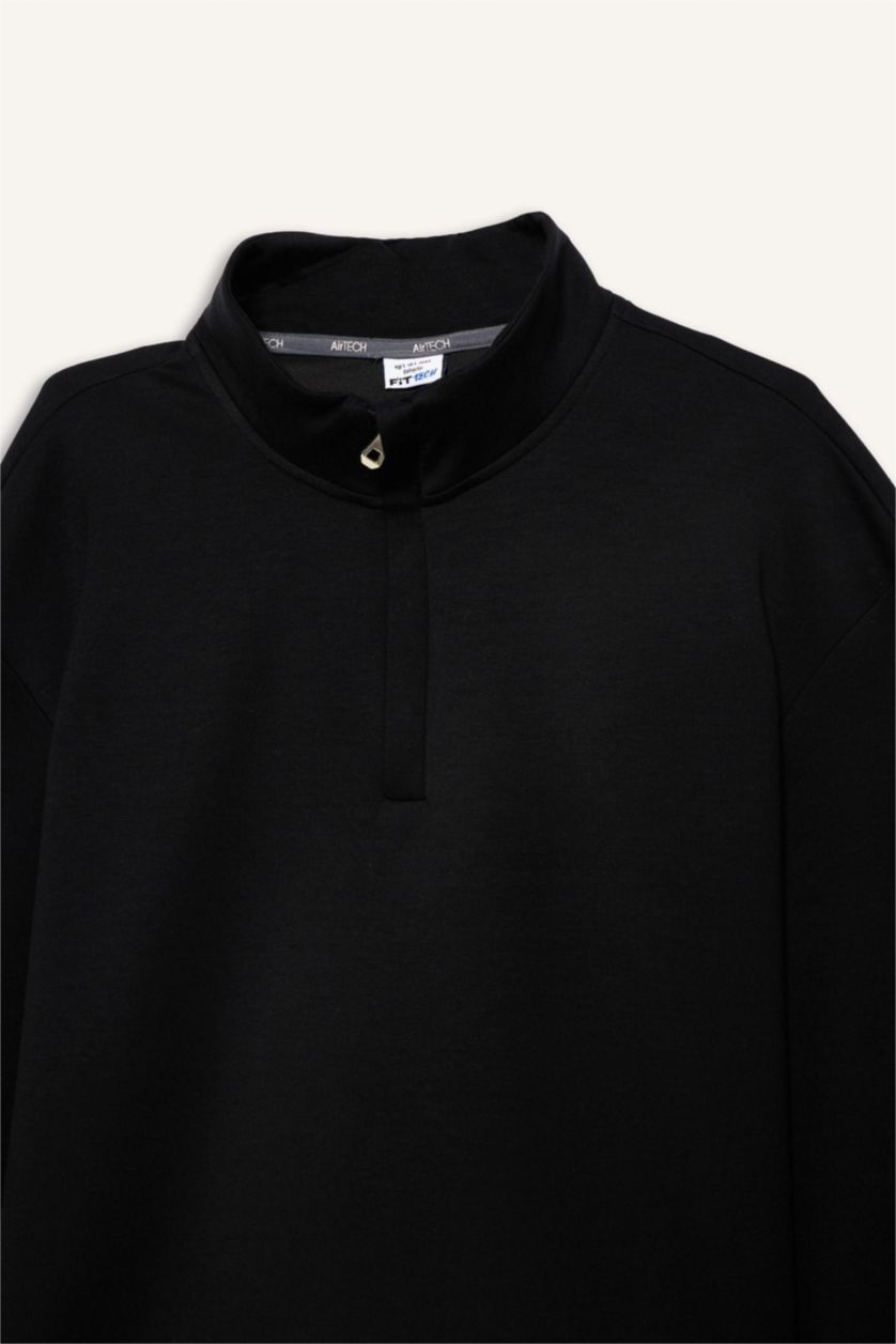 Erkek Siyah Standart Fıt Dik Yaka Modal Sporcu Sweatshirt