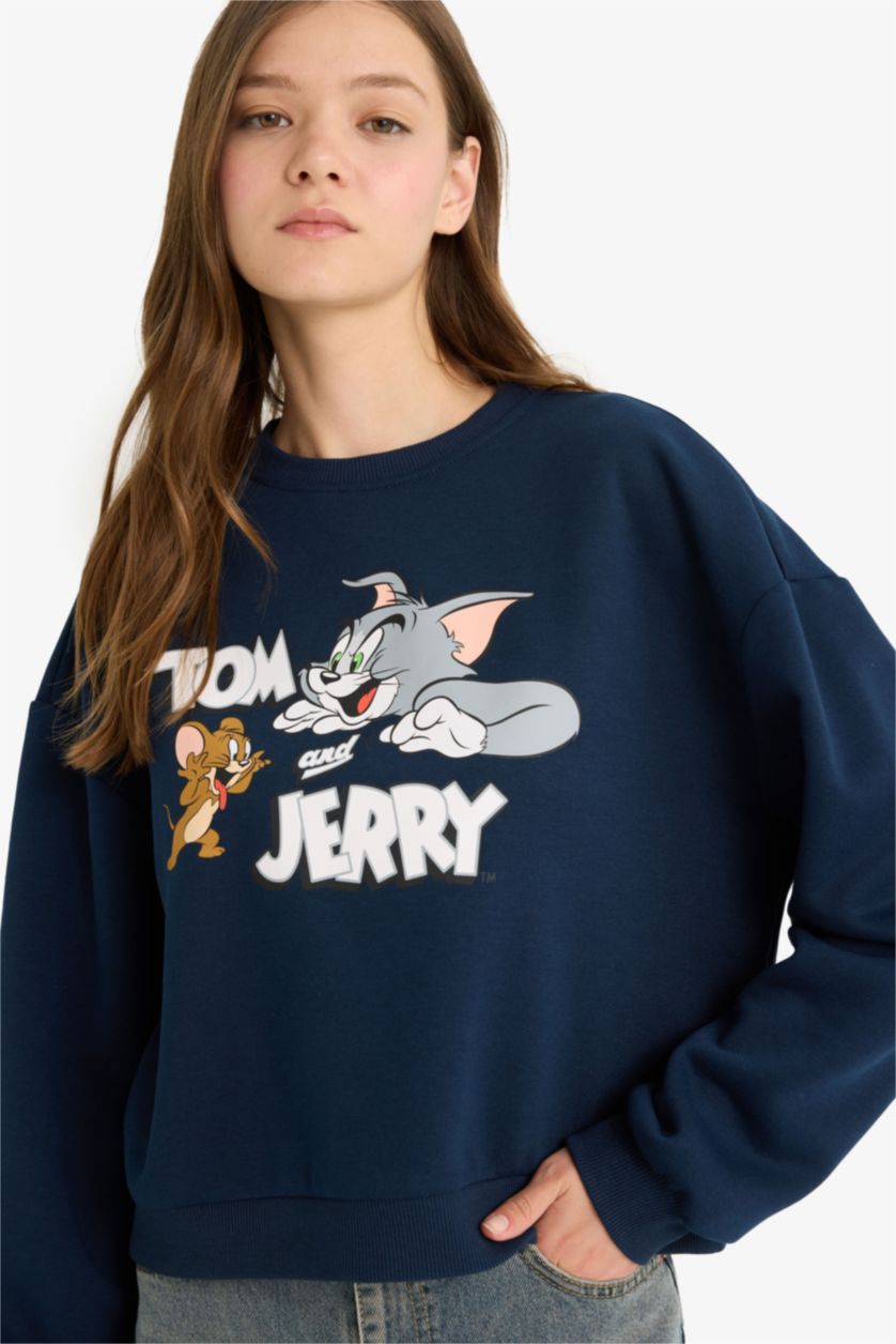 Женщины Синий Coool Tom & Jerry, регулярный крой, свитер с круглым вырезом, с принтом, из плотной ткани