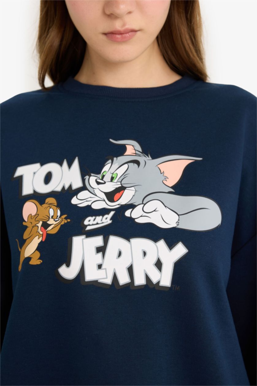 Женщины Синий Coool Tom & Jerry, регулярный крой, свитер с круглым вырезом, с принтом, из плотной ткани