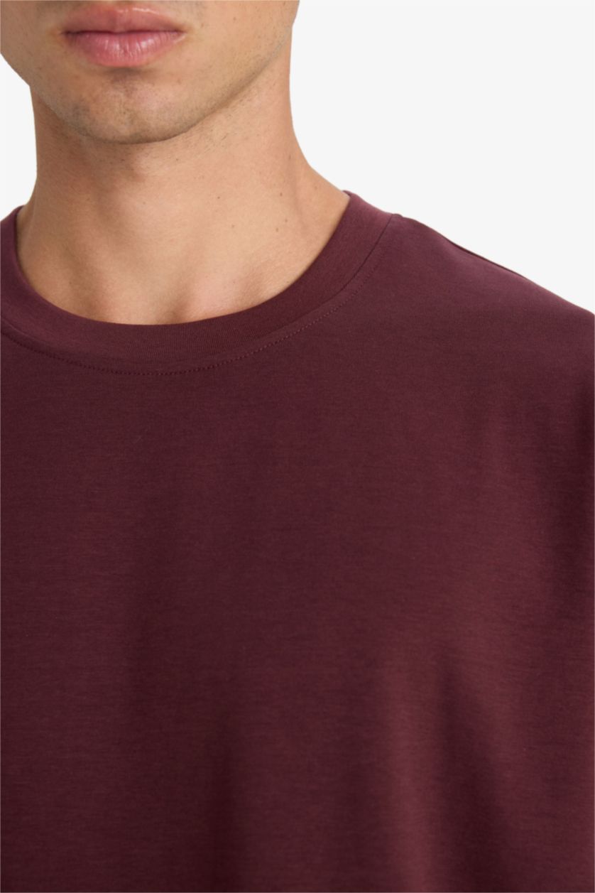 رجال خمري غامق تيشيرت اوفر سايز نص ردن ياخة مستديرة