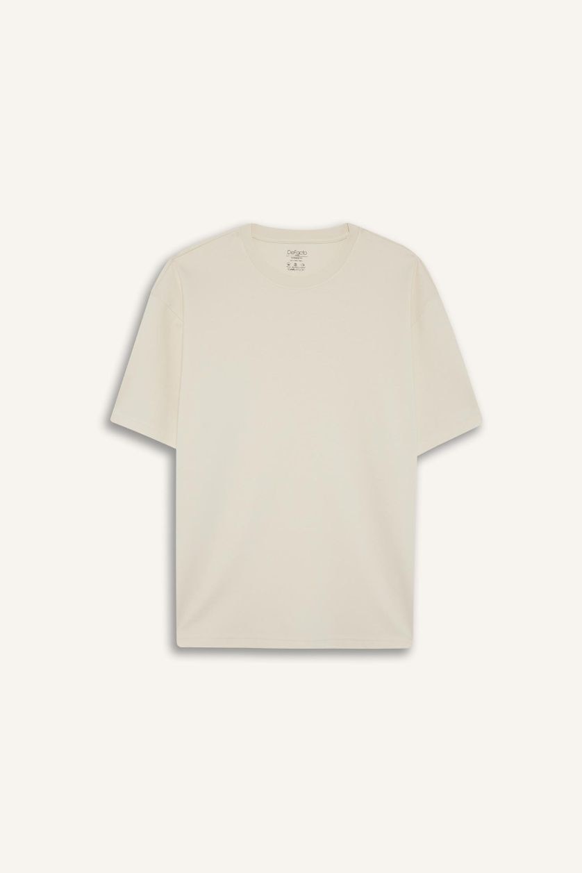 رجالي بيج فاتح تيشيرت نص كم اوفر سايز برقبة مستديرة