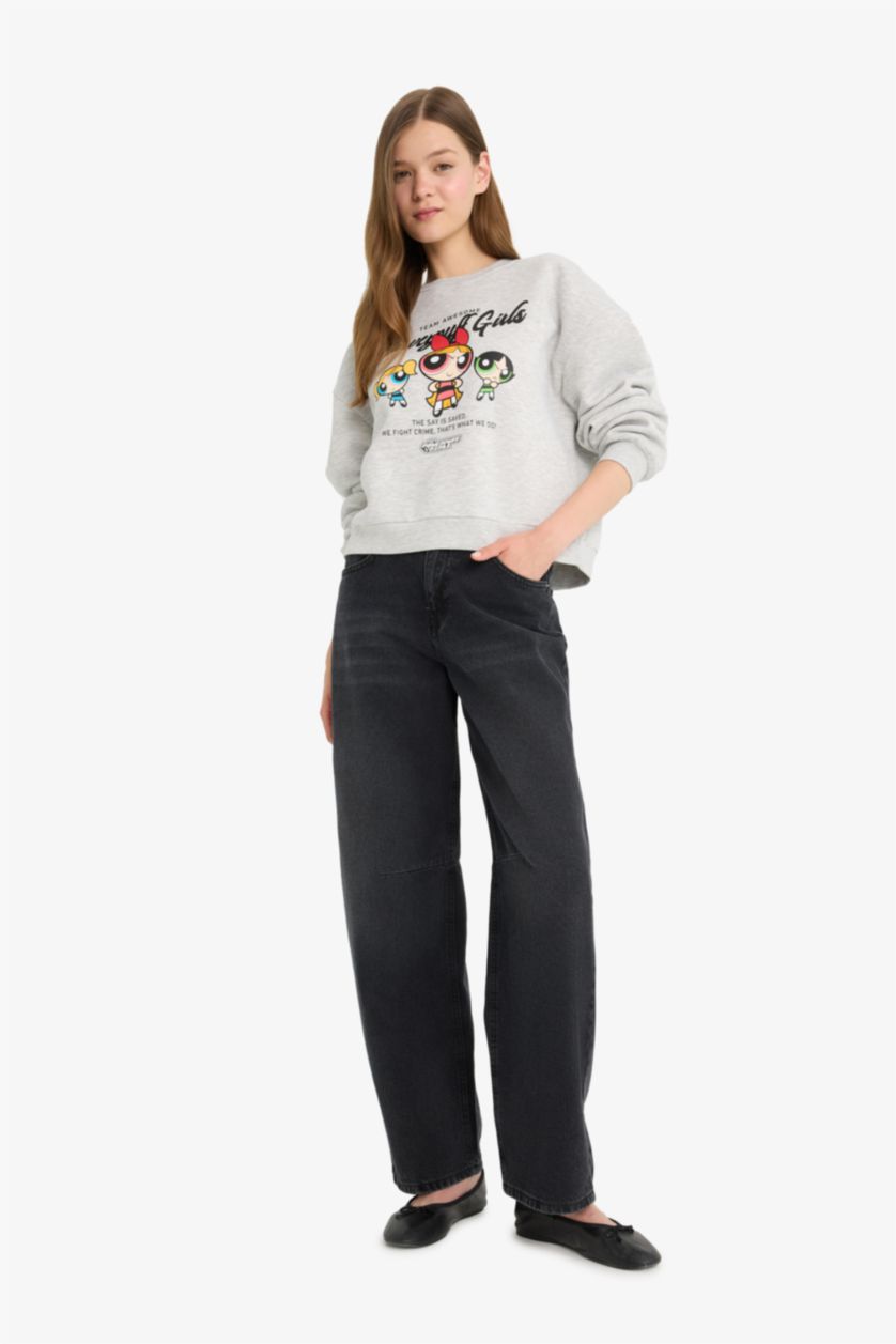 Женщины Серый меланж Coool PowerPuff Girls, регулярный крой, свитер с круглым вырезом, с принтом, из плотного материала