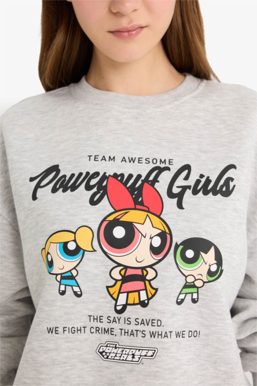 Женщины Серый меланж Coool PowerPuff Girls, регулярный крой, свитер с круглым вырезом, с принтом, из плотного материала