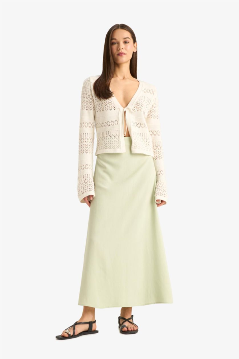 Kadın Mint A Kesim Yüksek Bel Keten Karışımlı Maxi Etek