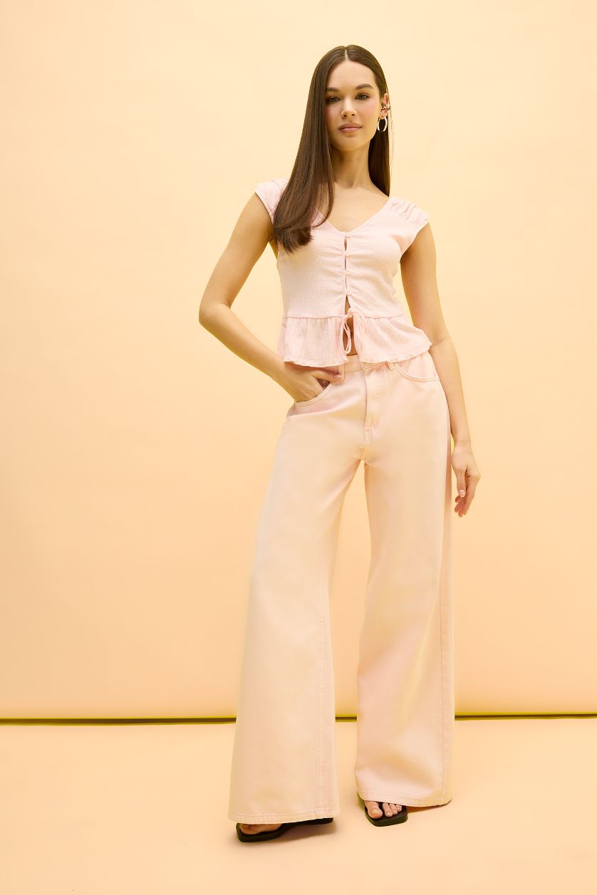 Woman Light Pink Regular Fit V Neck Front Tie Crinkle Blouse