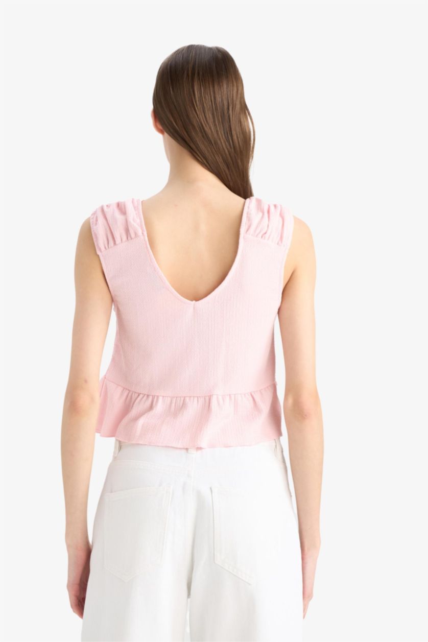 Woman Light Pink Regular Fit V Neck Front Tie Crinkle Blouse