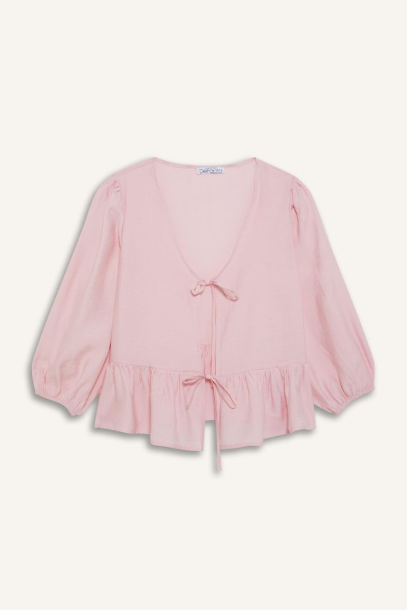 Woman Light Pink Regular Fit V Neck Front Tie Crinkle Blouse