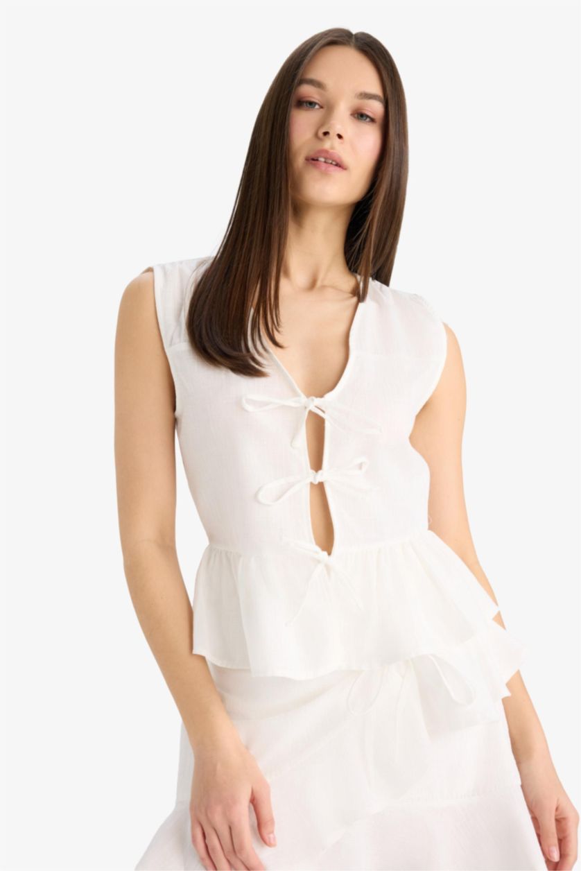 FEMME Blanc Blouse sans manches à col V avec nœud Coupe régulière