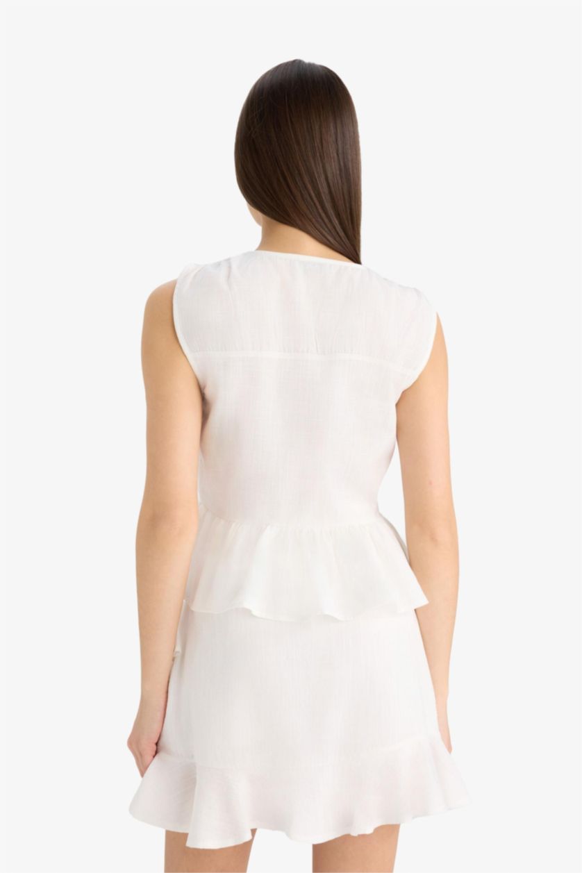 FEMME Blanc Blouse sans manches à col V avec nœud Coupe régulière