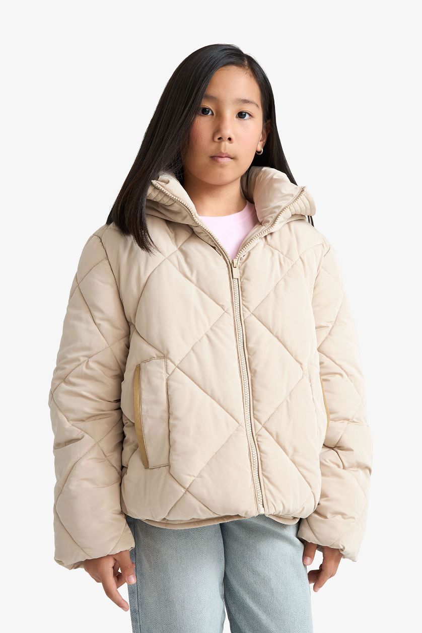 Kız Çocuk - Genç Kız Bej Su Geçirmez Kapüşonlu Fermuarlı Mont Kız Çocuk