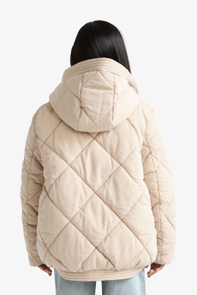 Kız Çocuk - Genç Kız Bej Su Geçirmez Kapüşonlu Fermuarlı Mont Kız Çocuk