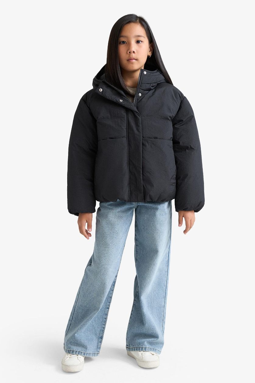 Kız Çocuk - Genç Kız Siyah Su Geçirmez Kapüşonlu Fermuarlı Şişme Mont Kız Çocuk