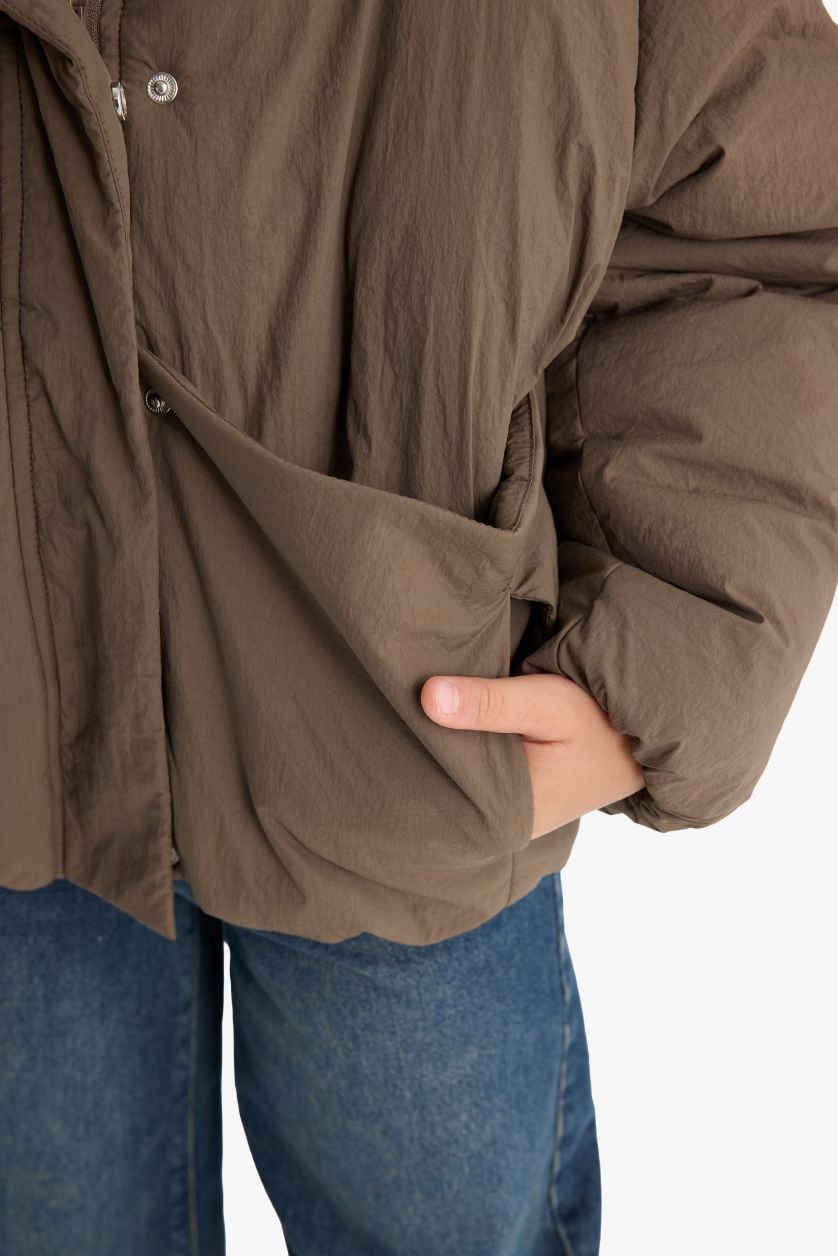 Kız Çocuk - Genç Kız Meşe Yeşili Su Geçirmez Kapüşonlu Fermuarlı Şişme Mont Kız Çocuk