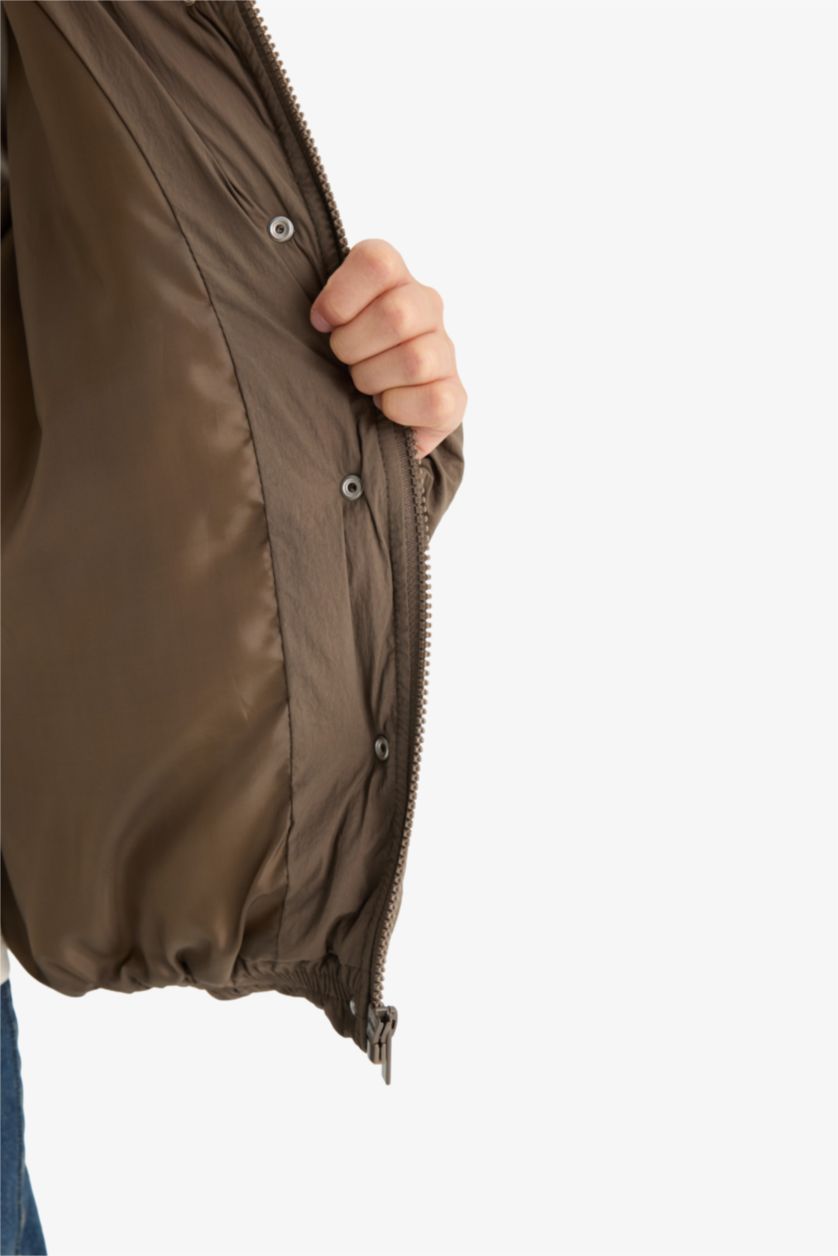 Kız Çocuk - Genç Kız Meşe Yeşili Su Geçirmez Kapüşonlu Fermuarlı Şişme Mont Kız Çocuk