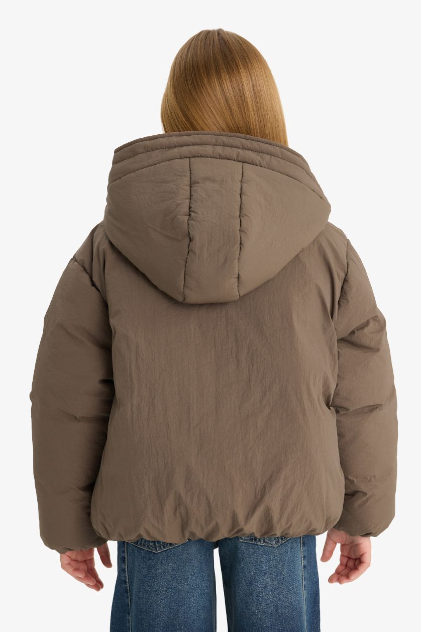 Kız Çocuk - Genç Kız Meşe Yeşili Su Geçirmez Kapüşonlu Fermuarlı Şişme Mont Kız Çocuk