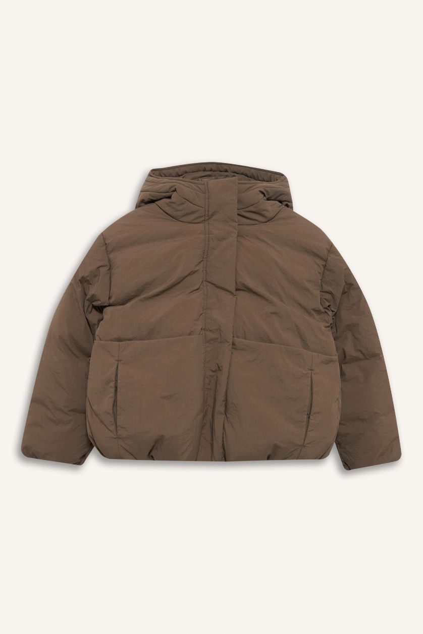 Kız Çocuk - Genç Kız Meşe Yeşili Su Geçirmez Kapüşonlu Fermuarlı Şişme Mont Kız Çocuk