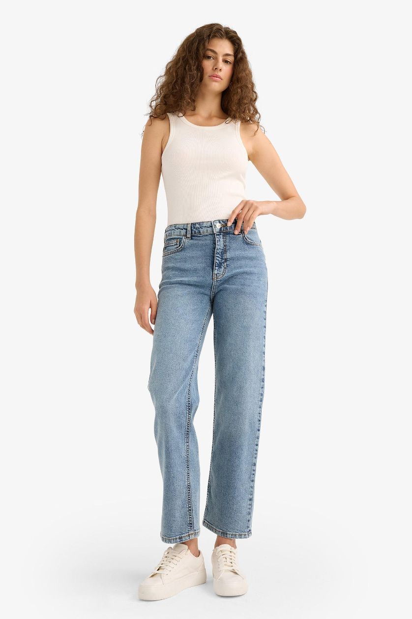 WOMAN Blue Comfort Straight High Waist Ankle Length Jeans