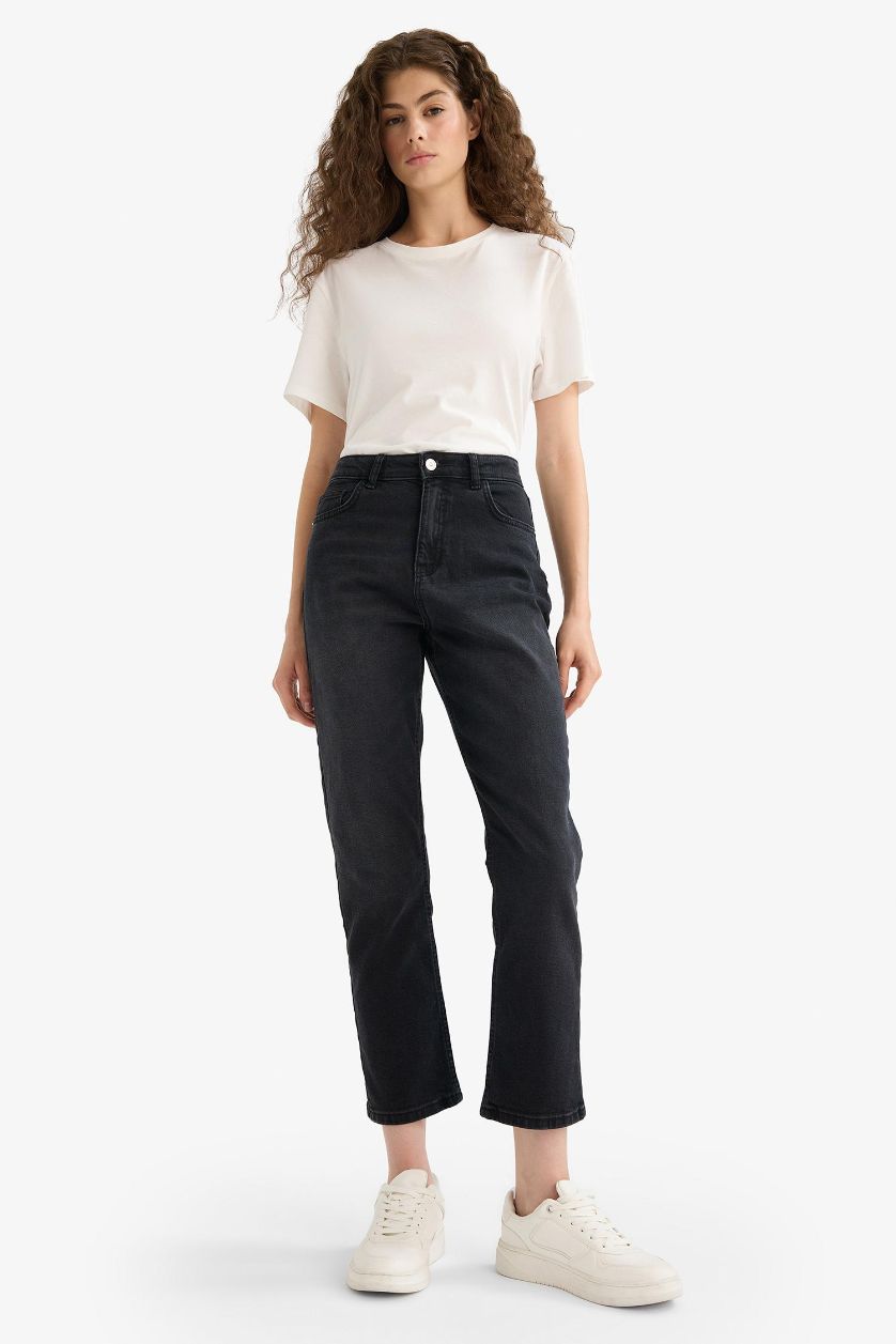 Kadın Siyah Mary Vintage Straight Fit Yüksek Bel Bilek Boy Jean Pantolon