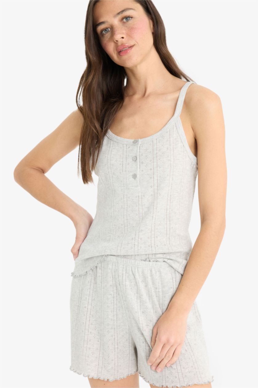 Kadın Gri Melanj Pijama Takımı Askılı Üst Beli Lastikli Şort-Fall in Love