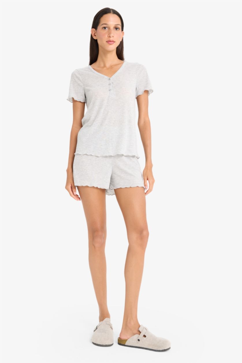 Kadın Gri Melanj Regular Fit Pijama Takımı Kısa Kollu Ribana Üst Beli Lastikli Şort-Fall in Love