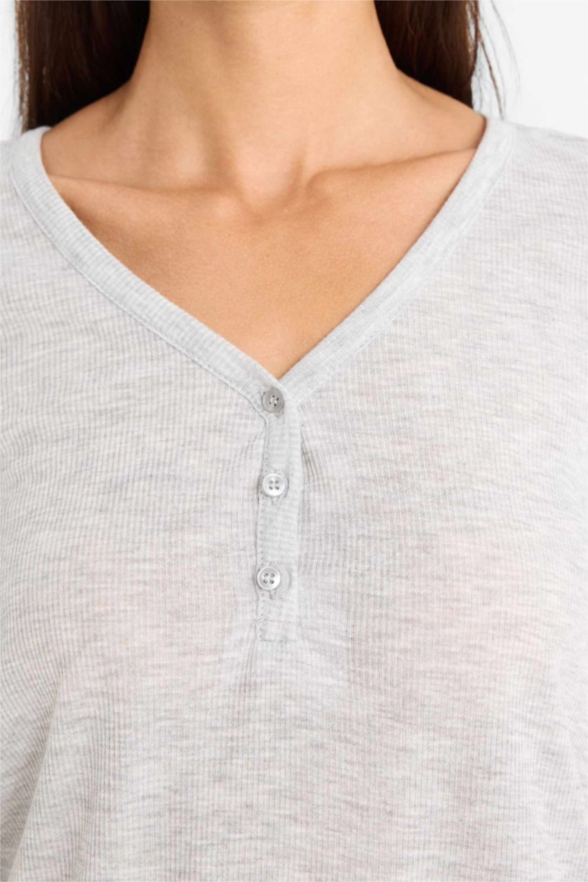 Kadın Gri Melanj Regular Fit Pijama Takımı Kısa Kollu Ribana Üst Beli Lastikli Şort-Fall in Love