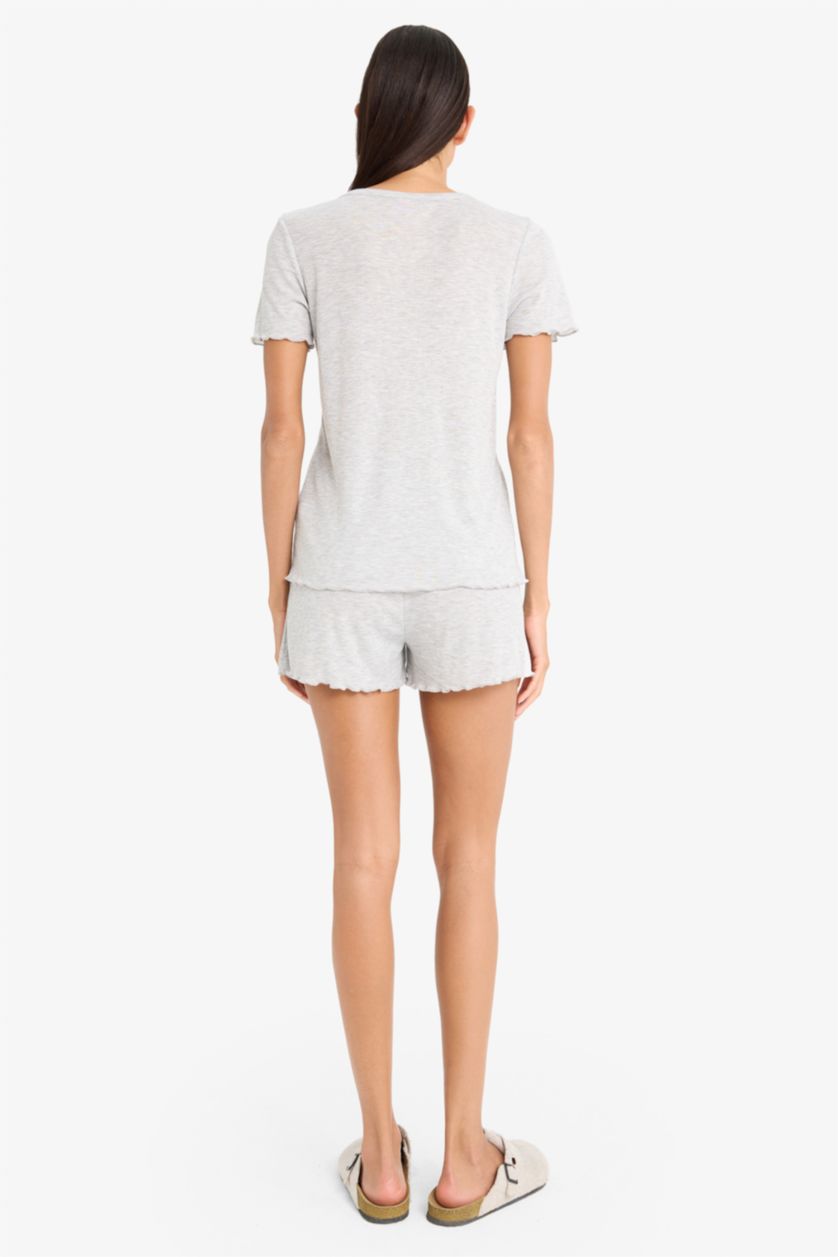 Kadın Gri Melanj Regular Fit Pijama Takımı Kısa Kollu Ribana Üst Beli Lastikli Şort-Fall in Love