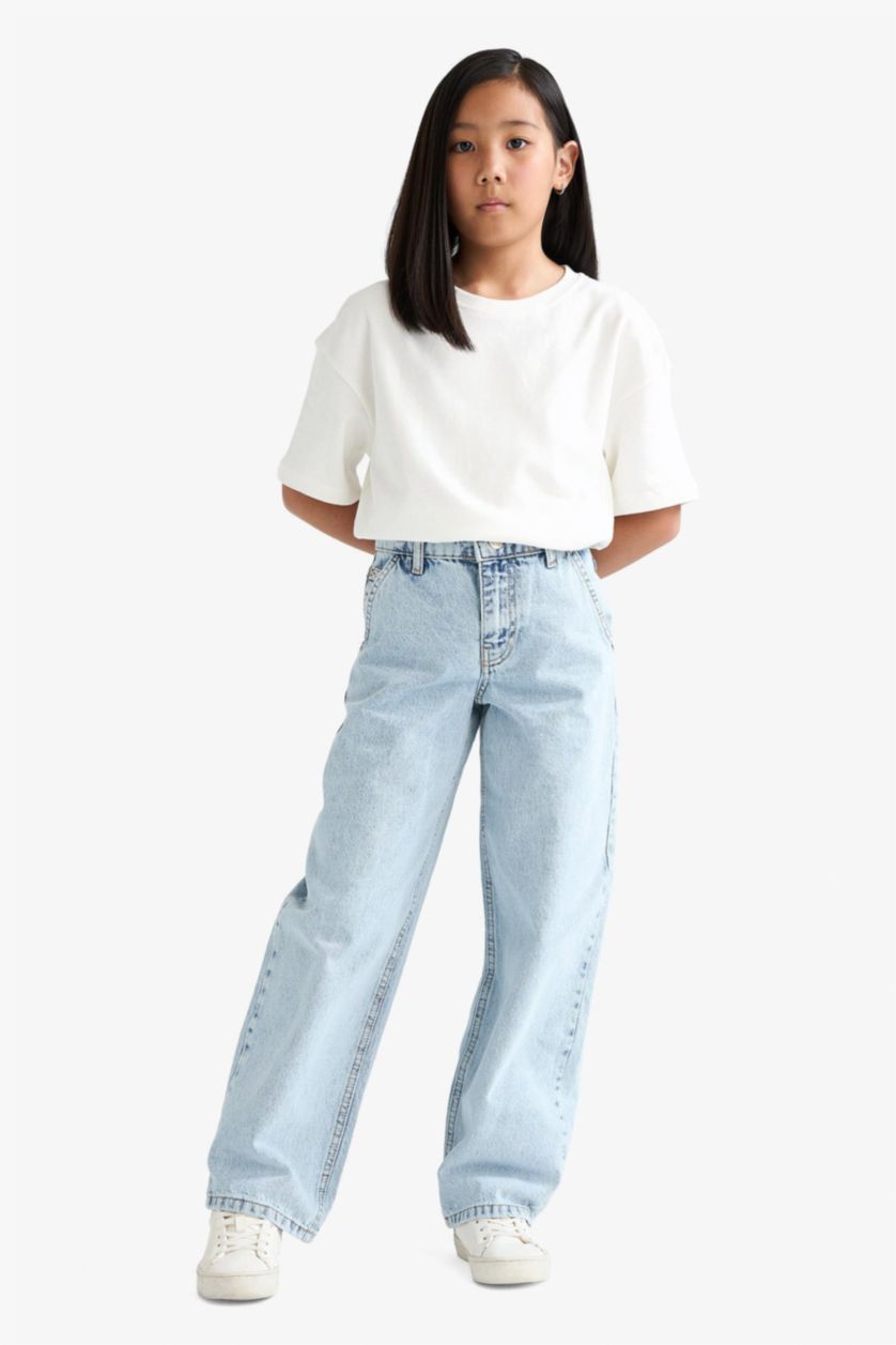 Kız Çocuk - Genç Kız Açık Mavi Baggy Fit Geniş Paça Jean Pantolon Kız Çocuk