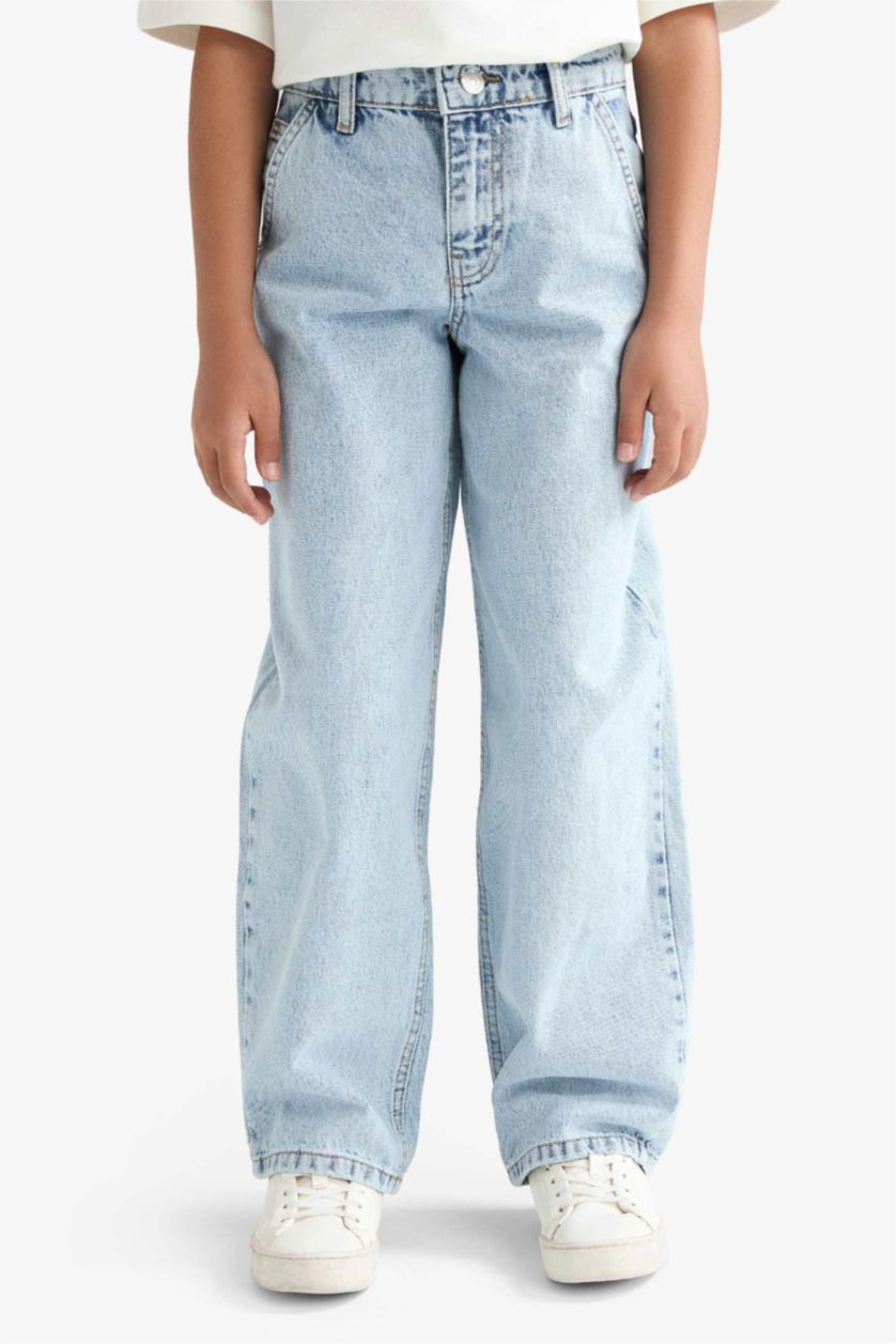 Kız Çocuk - Genç Kız Açık Mavi Baggy Fit Geniş Paça Jean Pantolon Kız Çocuk