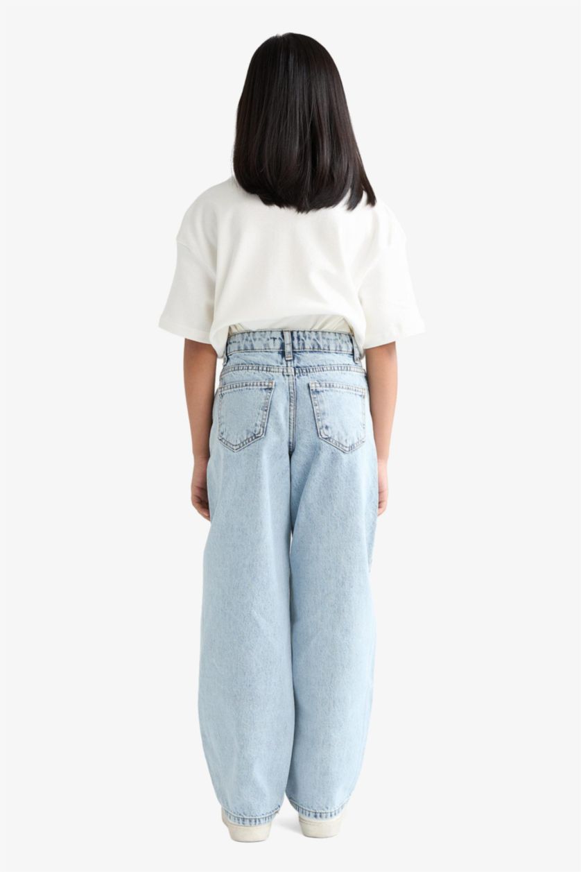 Kız Çocuk - Genç Kız Açık Mavi Baggy Fit Geniş Paça Jean Pantolon Kız Çocuk