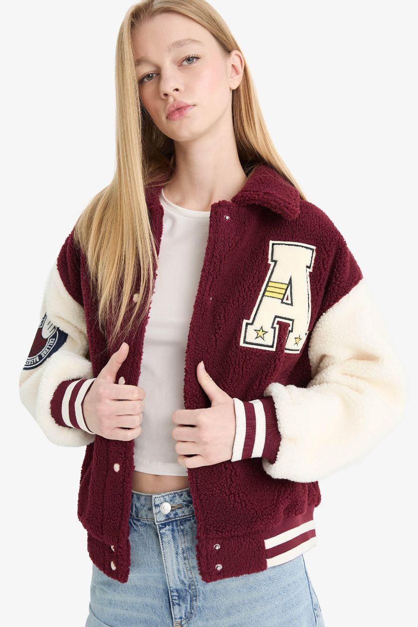 Woman Bordeaux Oversize Fit Polo Neck Plush Bomber Jacket