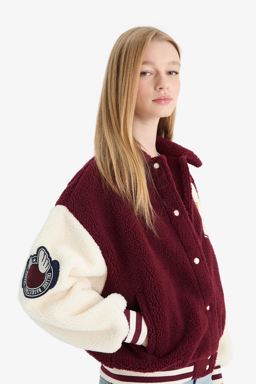 Woman Bordeaux Oversize Fit Polo Neck Plush Bomber Jacket