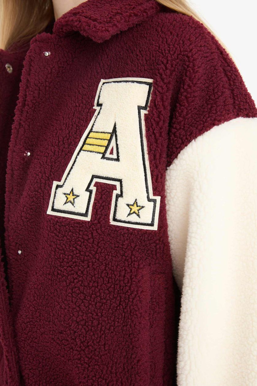 Woman Bordeaux Oversize Fit Polo Neck Plush Bomber Jacket